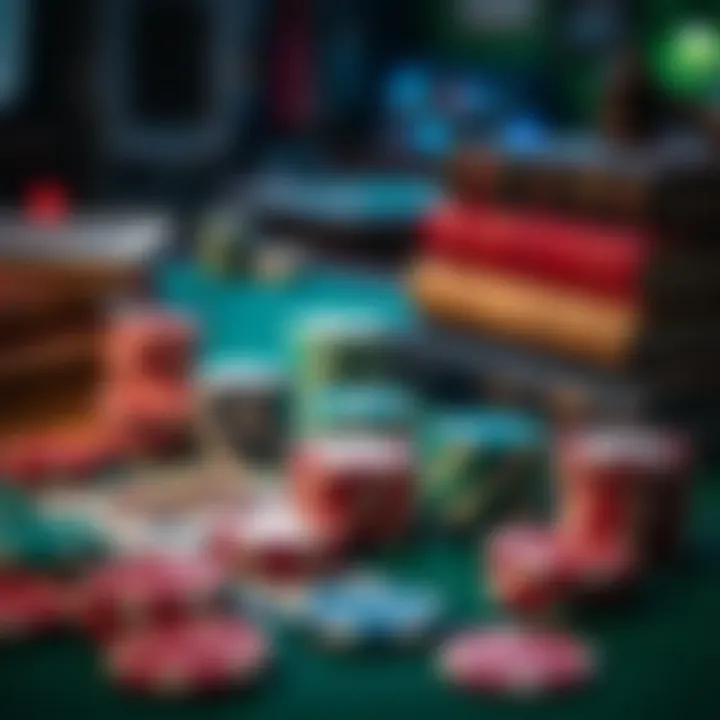 An array of poker chips and cards on a table with books