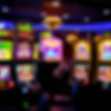 Close-up of colorful slot machines with bright lights and symbols