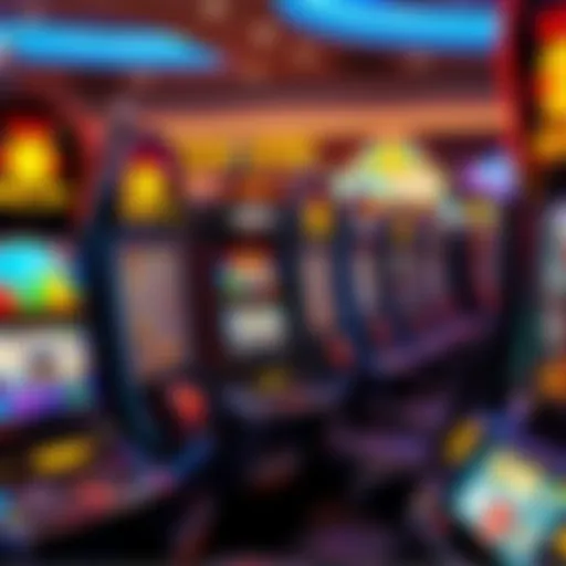 Brightly lit slot machines with vibrant themes