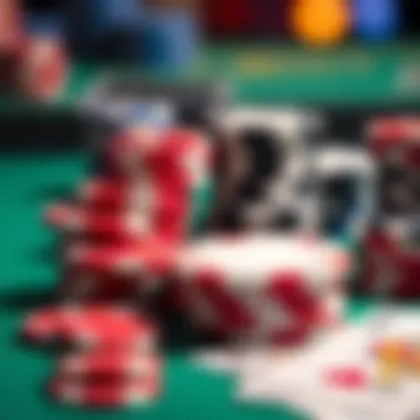 Close-up of poker chips and cards on the table