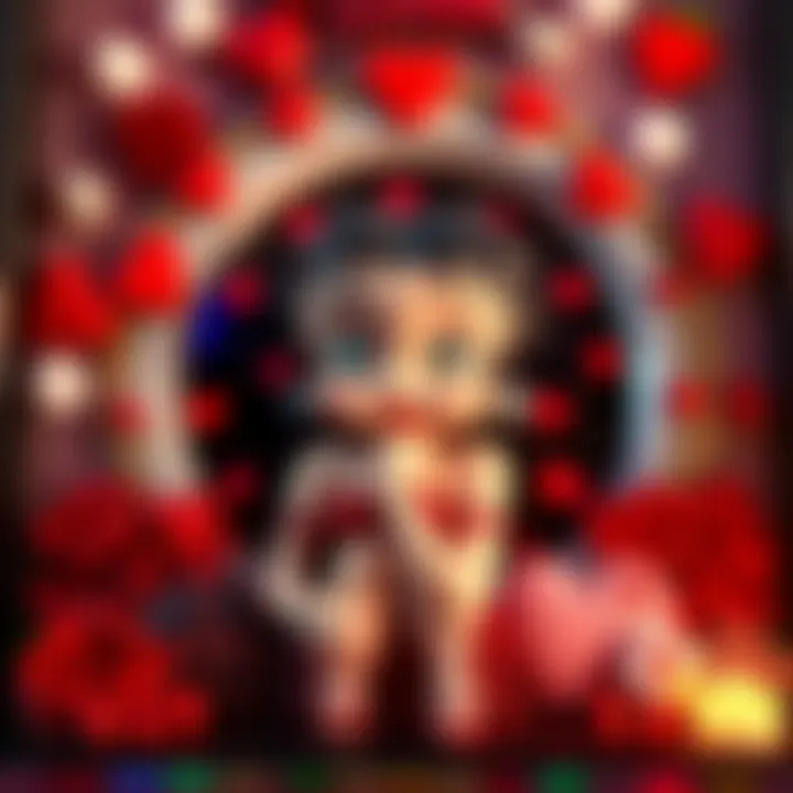 An overview of the slot machine's themed elements, depicting Betty Boop surrounded by romantic motifs
