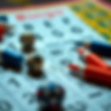 A close-up of bingo cards and markers