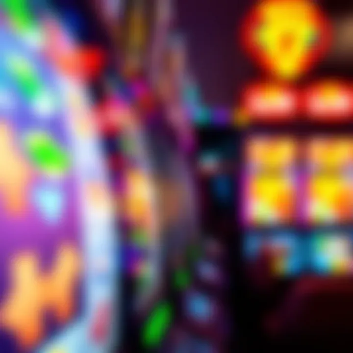 A close-up of a vibrant slot machine with colorful lights and symbols