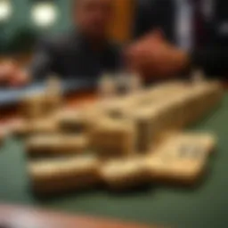 Dominoes arranged strategically on a table