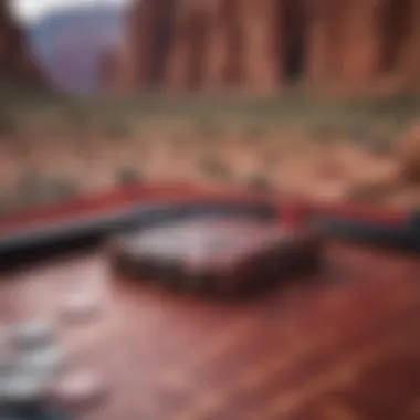 Close-up of a traditional betting table set against a red rock background