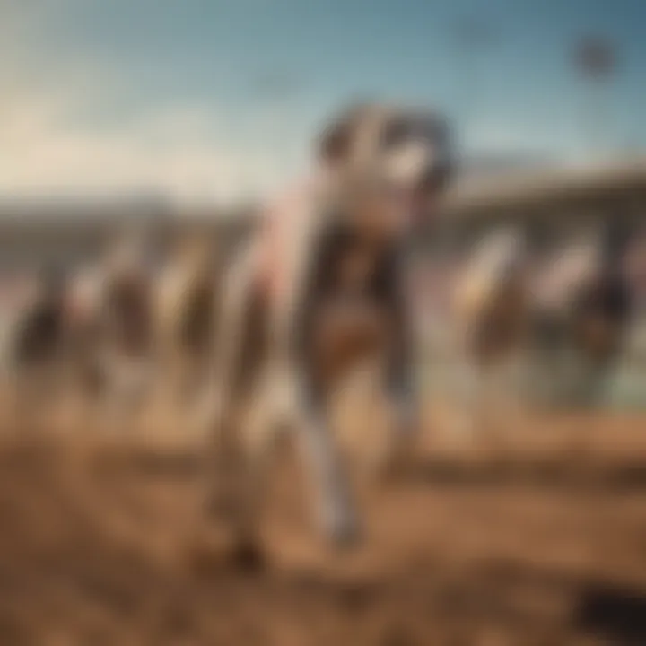 A vibrant greyhound racing track during a live event.