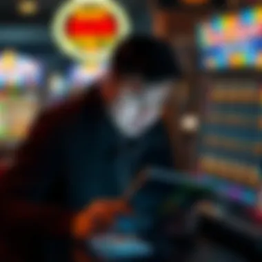 A thoughtful individual analyzing scratch-off ticket statistics on a digital device