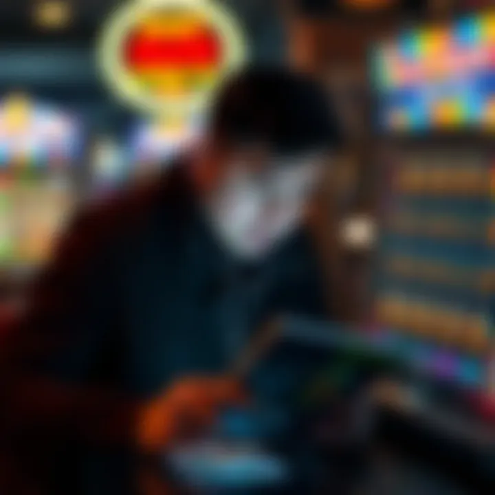 A thoughtful individual analyzing scratch-off ticket statistics on a digital device