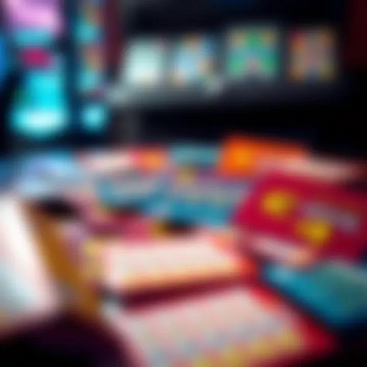 An arrangement of colorful scratch-off tickets spread on a table